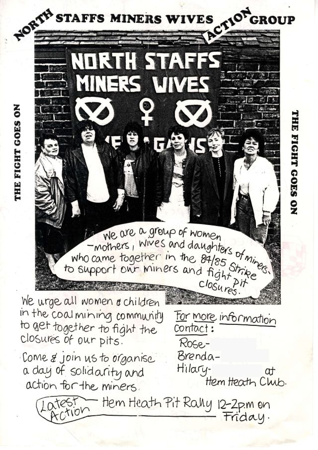 Black and white poster titled 'North Staffs Miners Wives Action Group'. Along the sides, the slogan 'The Fight Goes On' is displayed. The image features six women, including Brenda Procter, Rose Hunter, and Bridget Bell, standing in front of a banner that reads 'North Staffs Miners Wives' with two Staffordshire Knots and the women's symbol.